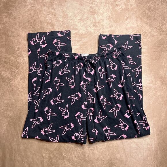 Playboy Pink Neon Bunny Logo Pajama Pants Black Elastic Waist Womens M Sleepwear - Picture 1 of 8